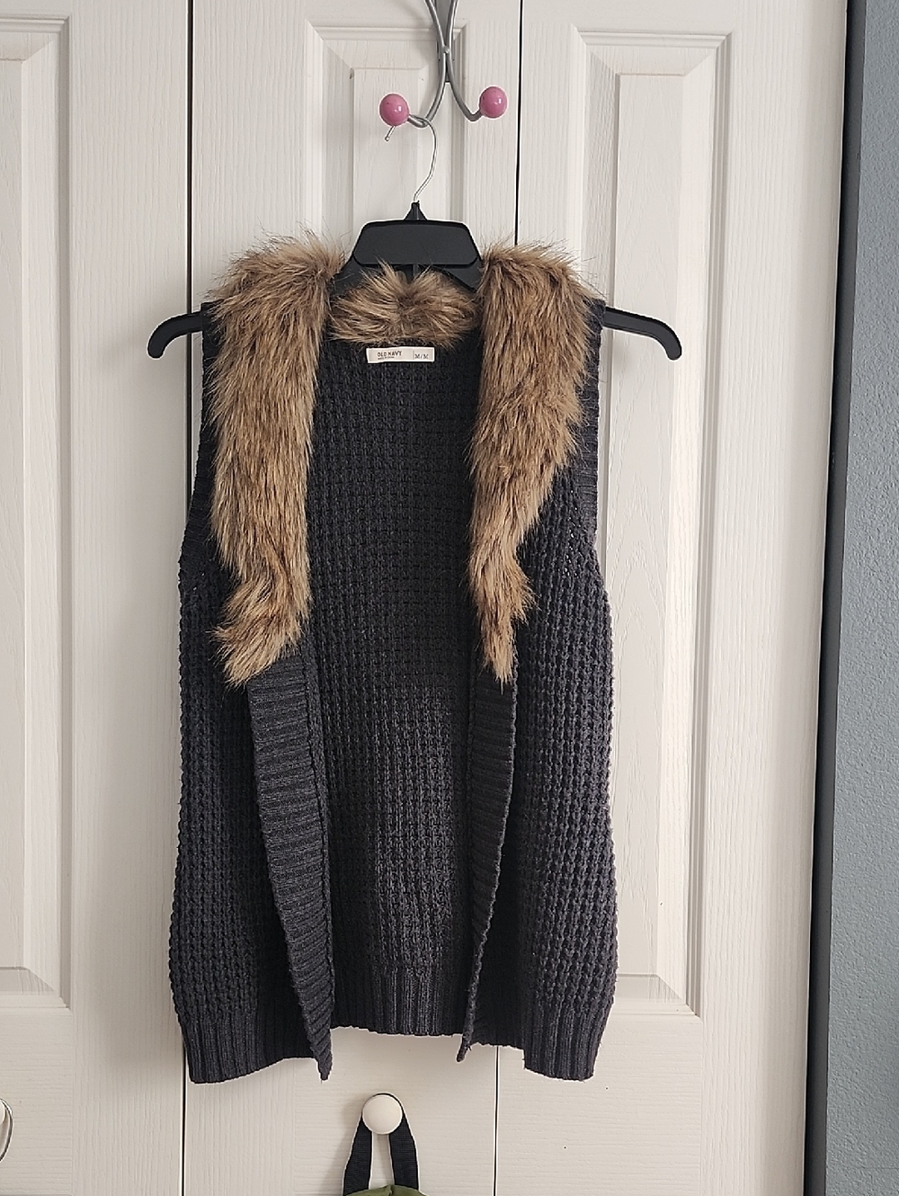 Old Navy Black Knit Open-Front Vest with Removable Brown Faux Fur Trim
